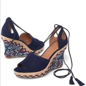 CAbi Isla Wedge Sandals Navy Blue Ikat Suede Tie